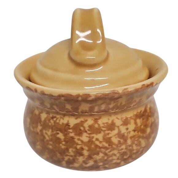 Vintage Pfaltzgraff USA Spongeware Gold Brown Creamer and Sugar Bowl w/Lid Set - Picture 10 of 14